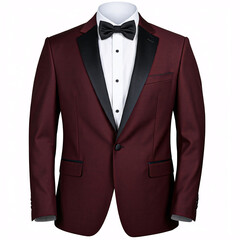 burgundy mens tuxedo suit with black bowtie and white shirt