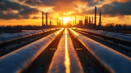 Obraz premium Oil Pipelines at Sunset with Industrial Silhouettes in the Background
