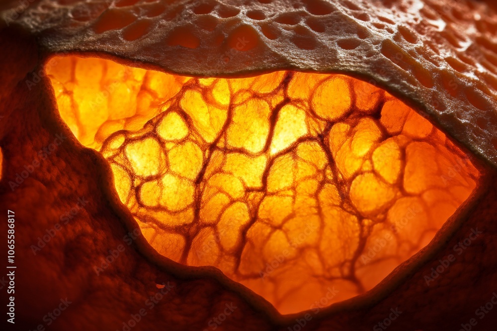 Poster A translucent structure in vivid orange hues is beautifully illuminated, revealing rich patterns that echo organic networks, with a striking artistic flair and depth.