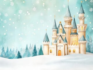 Obraz premium Whimsical Christmas castle in a sparkling winter wonderland, glowing with festive lights