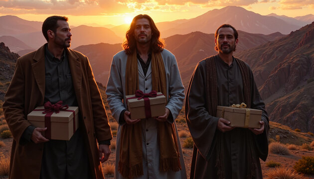 Three men carrying gifts with a hopeful expression during sunset in mountainous scenery