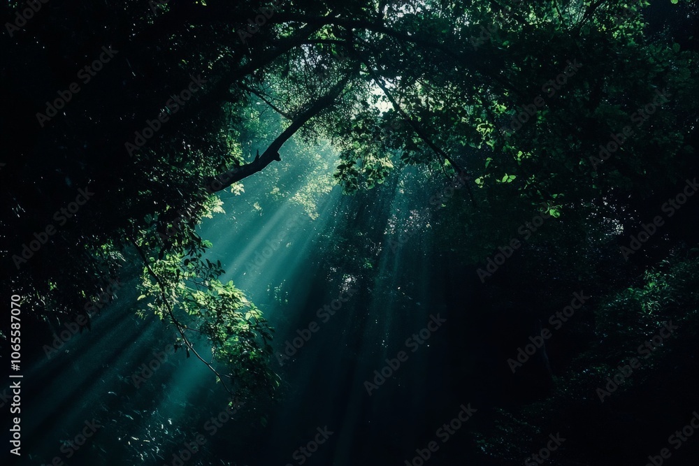 Poster this stunning image captures sunbeams streaming through a lush green forest, creating an enchanting 