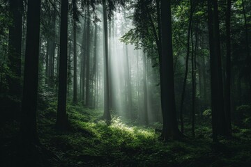 Obraz premium In a misty forest, sunbeams break through the tall trees, casting a mystical glow and creating an ethereal atmosphere of solitude and introspection.