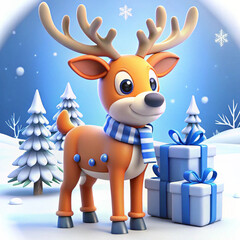 A whimsical, cartoon-style deer with vibrant blue antlers stands amidst snowy trees, exuding a playful holiday spirit with a cheerful expression.
