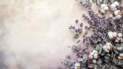 Obraz premium Purple and white flowers with eucalyptus on textured background