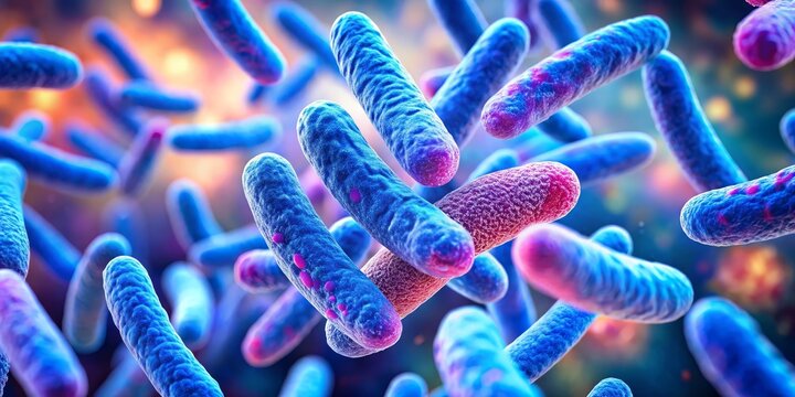 Microscopic View of Rod-Shaped Bacteria in a Vibrant Blue and Purple Hue