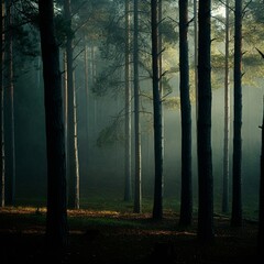 Fototapeta premium Misty Pine Forest at Dawn