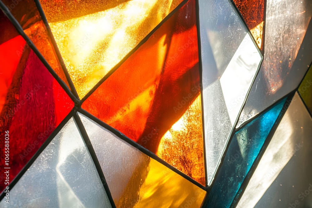 Fototapete Colorful stained glass pieces in sunlight casting dynamic reflections and creating an abstract mood through intricate patterns with artistic elegance and flair.