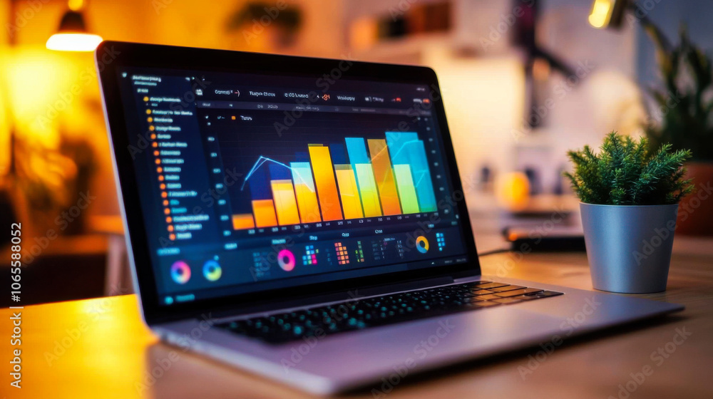 Poster a laptop displaying colorful data visualizations with bar graphs and pie charts in a cozy indoor set
