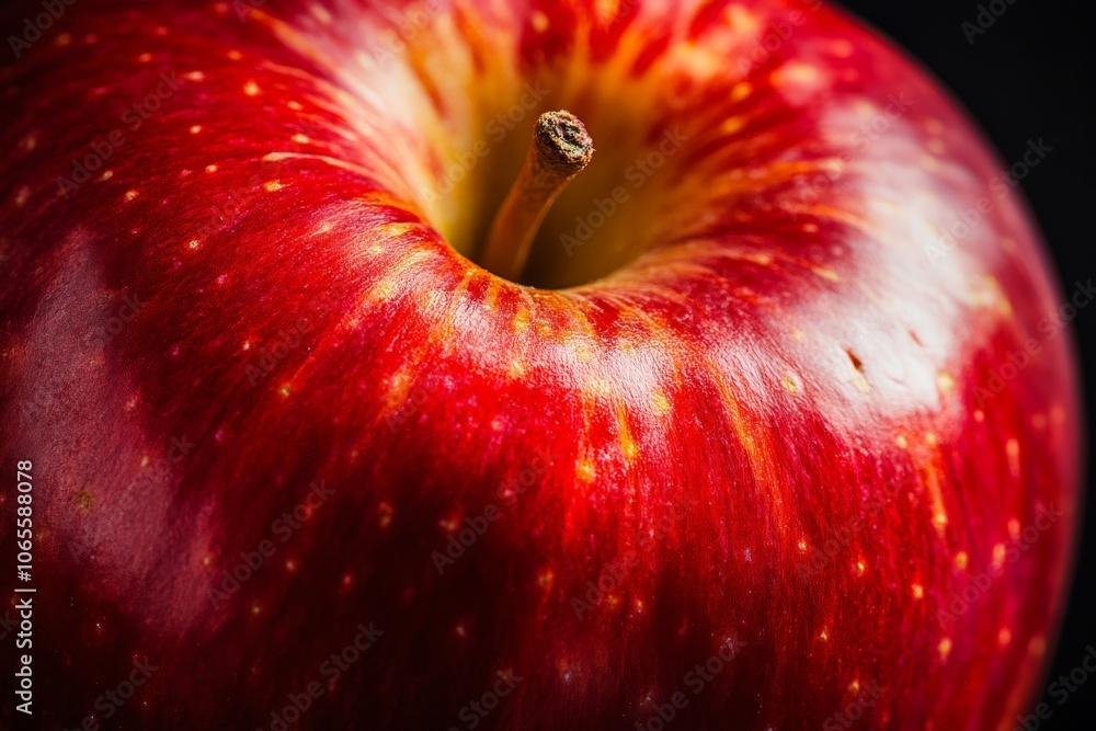 Poster a vibrant close-up of a crisp red apple with shiny skin and a perfect stem, its surface shining with