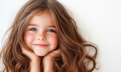 Naklejka premium Close up of a young girl with freckles and long, wavy brown hair, smiling warmly against a light white background with copy space.