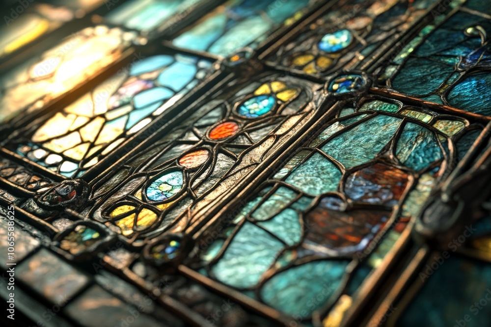 Leinwandbilder a detailed view of a stained glass window, showcasing intricate patterns and vibrant colors, capturi