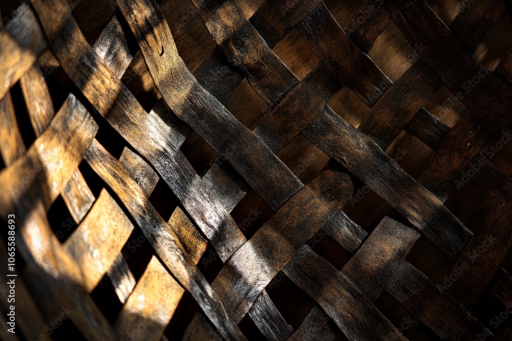 Poster a moody image of a dark woven basket accented by contrasting light highlights, emphasizing the detai