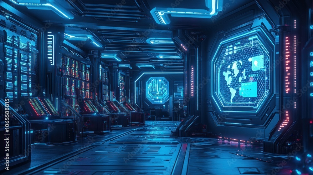 Poster a futuristic hallway with glowing blue lights, screens displaying data, and a large circular window 