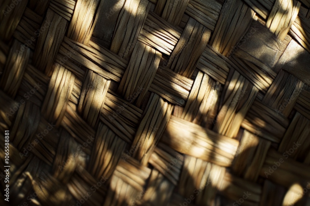 Leinwandbilder a detailed view of a rustic wooden basket with intricately woven patterns, highlighted by natural li