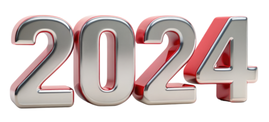2024 New Year Gray and Red 3D Text Isolated on Transparent Background for New Year Festive Celebrations