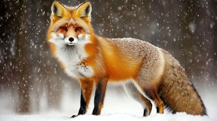 Obraz premium A red fox stands in a snowy forest, looking directly at the camera with a serious expression.
