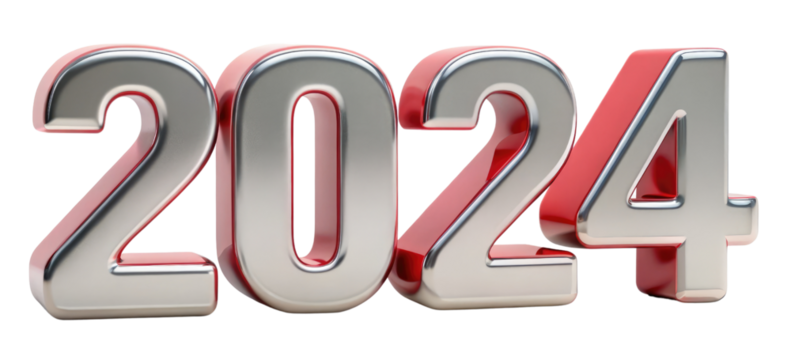2024 New Year Gray and Red 3D Text Isolated on Transparent Background for New Year Festive Celebrations