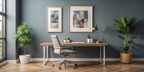 Fototapeta premium Minimalist Home Office with Geometric Artwork and Wooden Floor