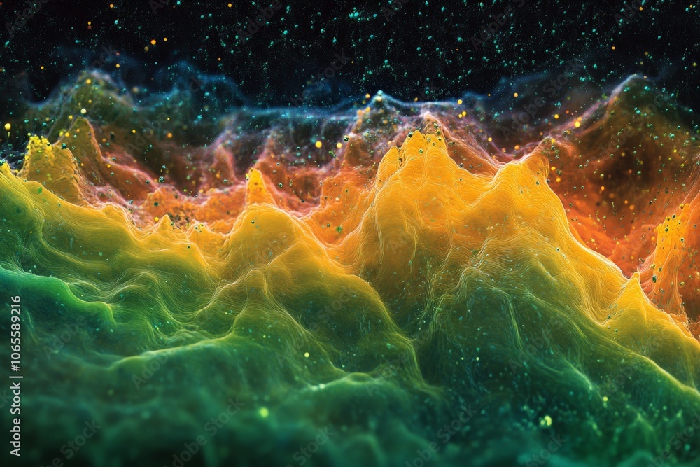 Aufkleber A swirling abstract pattern resembling vivid, colorful mountains in a cosmic setting. The image captures dynamic energy and layers of vibrant color and light.