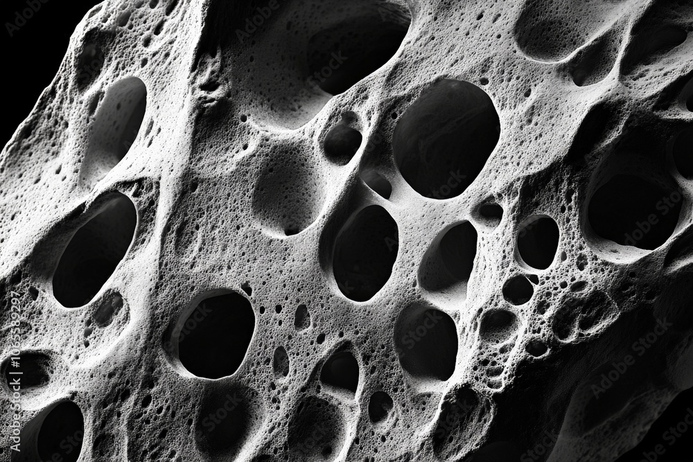 Poster An artistic abstract depiction of a stone surface, focusing on its porous features, this monochrome image plays with textures and light, evoking a sense of timelessness.