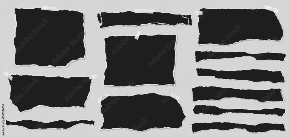 Poster set of torn black note paper pieces with sticky tape are on transparent background for text, notes o