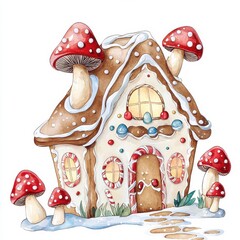 Obraz premium Whimsical gingerbread house with colorful mushrooms on a white isolated background.