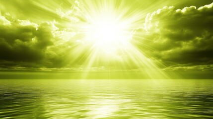 Fototapeta premium A vibrant, green-tinted landscape featuring sunlight breaking through clouds over calm waters.