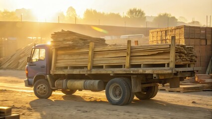 Obraz premium A delivery truck loaded with wood planks drives down a dusty road towards a building site in the soft light of dawn.