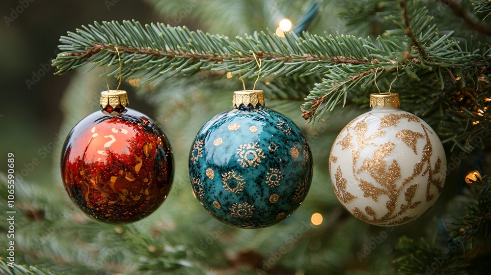 Poster colorful ornaments hang on a christmas tree, adorned with intricate patterns, adding a festive touch