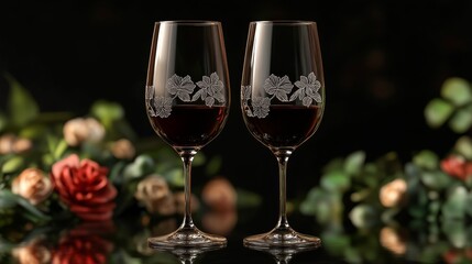 Two Etched Wine Glasses Filled with Red Wine on a Black Reflective Surface