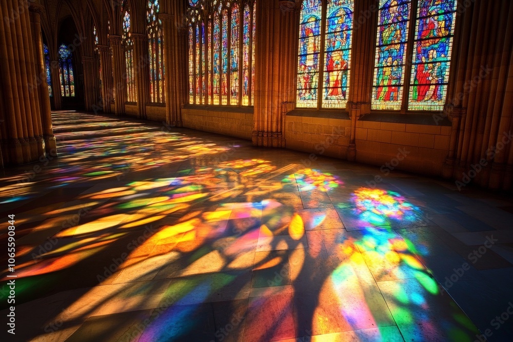 Poster colorful reflections from stained glass windows in a gothic cathedral, spreading vibrant hues across