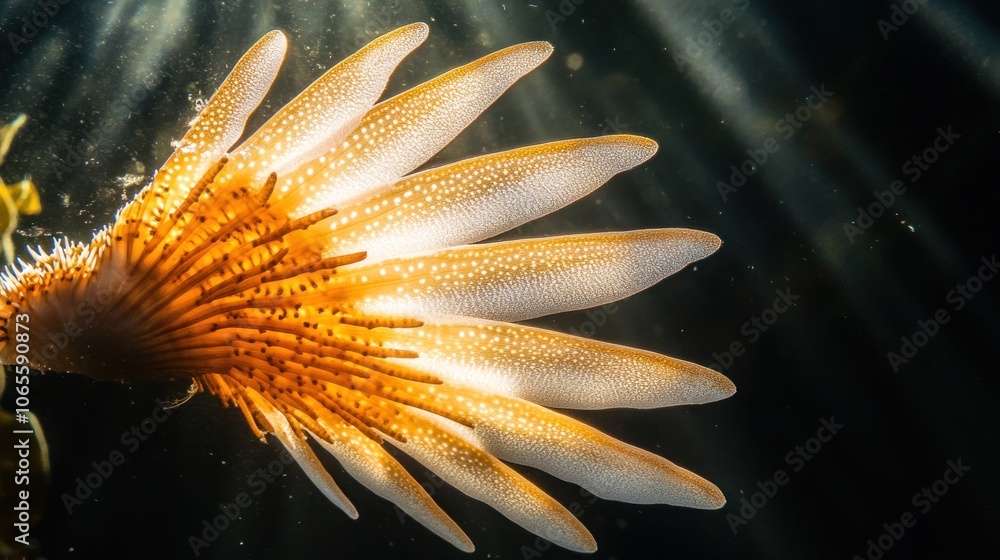 Poster close-up of an orange and white sea slug with a fan-like tail. the slug is illuminated by a shaft of