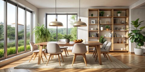 Modern Dining Room with Wooden Table, Chairs, and Shelving, Natural Light, and Greenery