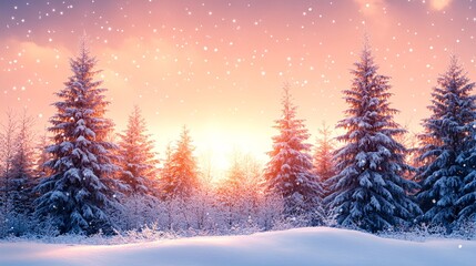 A serene winter landscape featuring snow-covered trees against a beautiful sunrise, creating a peaceful and enchanting atmosphere.