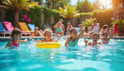 Obraz premium A lively pool party on a sunny afternoon, filled with fun, laughter, and relaxation.