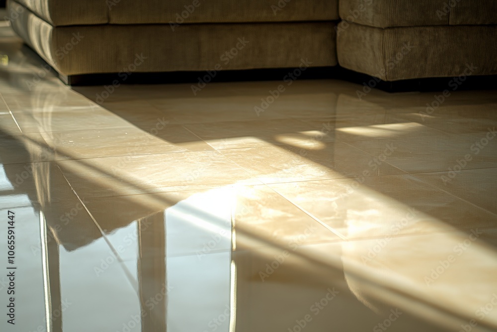 Leinwandbilder a beige-colored sofa sits in a room with sunlight casting intricate reflections on polished floor ti