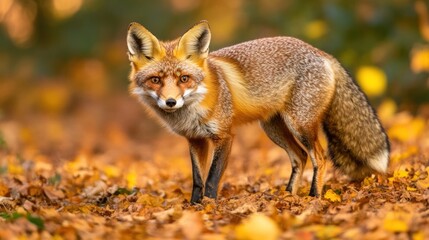 A red fox stands alertly in a forest of fallen autumn leaves.