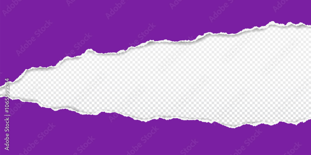 Poster purple piece of paper with torn edges and soft shadow are on transparent background for text or ad. 