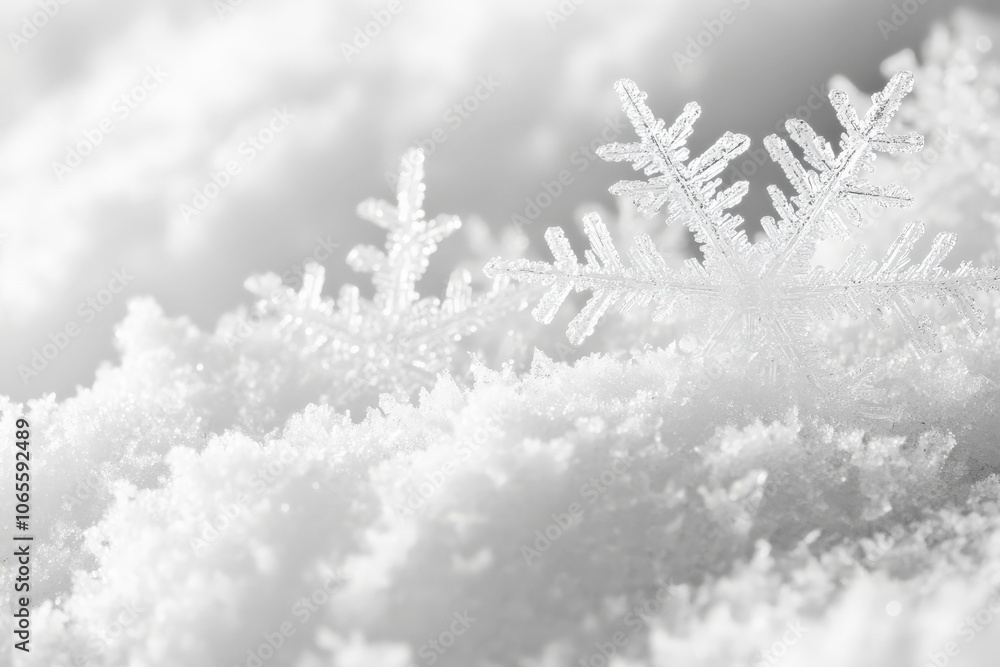 Poster Perfectly formed snowflakes rest gently on a pristine bed of snow, showcasing the symmetrical beauty and intricate patterns found in each unique winter creation.