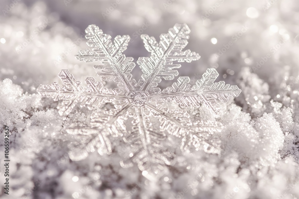 Poster A radiant snowflake glimmers as it catches sunlight on a snowy surface, casting a lively sparkle and emphasizing the cool purity of the winter environment.