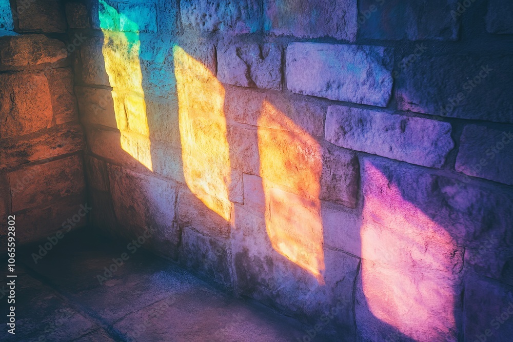 Poster colorful light reflections create mesmerizing patterns on a textured stone wall, blending hues of bl