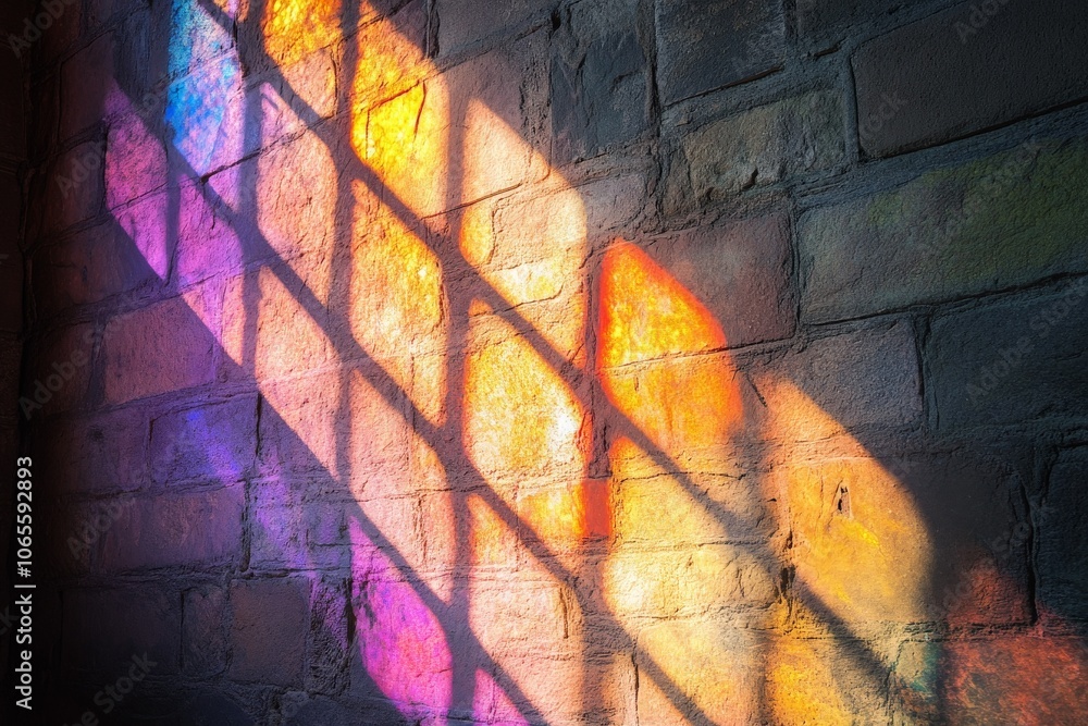 Poster sunlight filters through stained glass windows, casting intricate patterns of colorful light onto a 