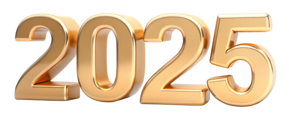 2025 New Year Yellow Golden 3D Text Isolated on Transparent Background for New Year Celebrations