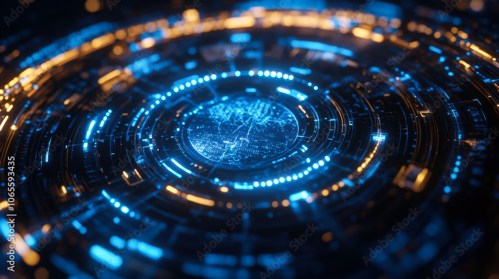 Poster a futuristic digital interface showcasing intricate blue patterns with glowing orange accents in a c