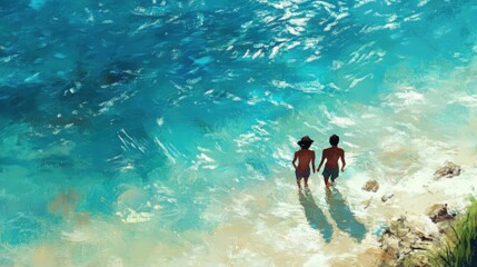Fototapeta premium They waded into the azure waters, their laughter echoing along