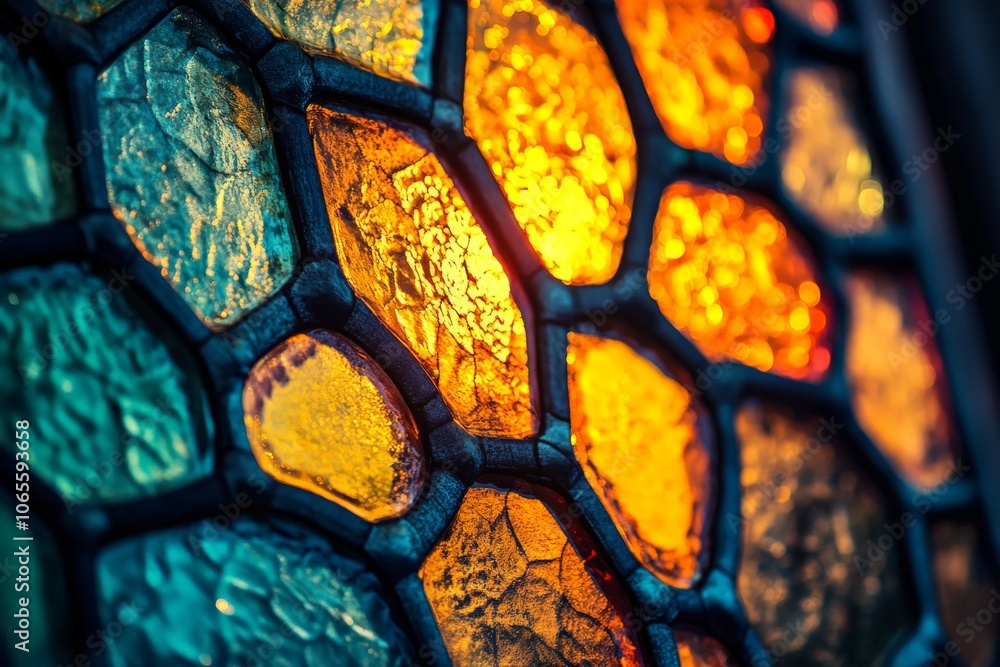 Aufkleber This vibrant close-up image showcases a beautiful stained glass window illuminated by sunlight, reflecting a mix of blues and oranges that convey creativity and art.