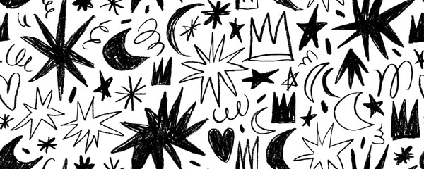Seamless doodle background with cute crayon drawn stars, crowns and moon. Childish naive drawings with hand drawn crayon or chalk shapes. Magical starry night motif in seamless pattern.
