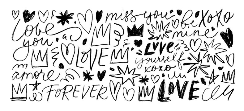 Crayon drawn love phrases, hearts shapes, stars and crowns. Hand drawn kids drawing. Romantic motif vector elements. Funky squiggles, crayon doodle shapes, vector ink illustrations. Romantic lettering