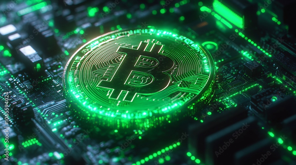 Poster a glowing bitcoin symbol on a digital circuit board, representing cryptocurrency and blockchain tech